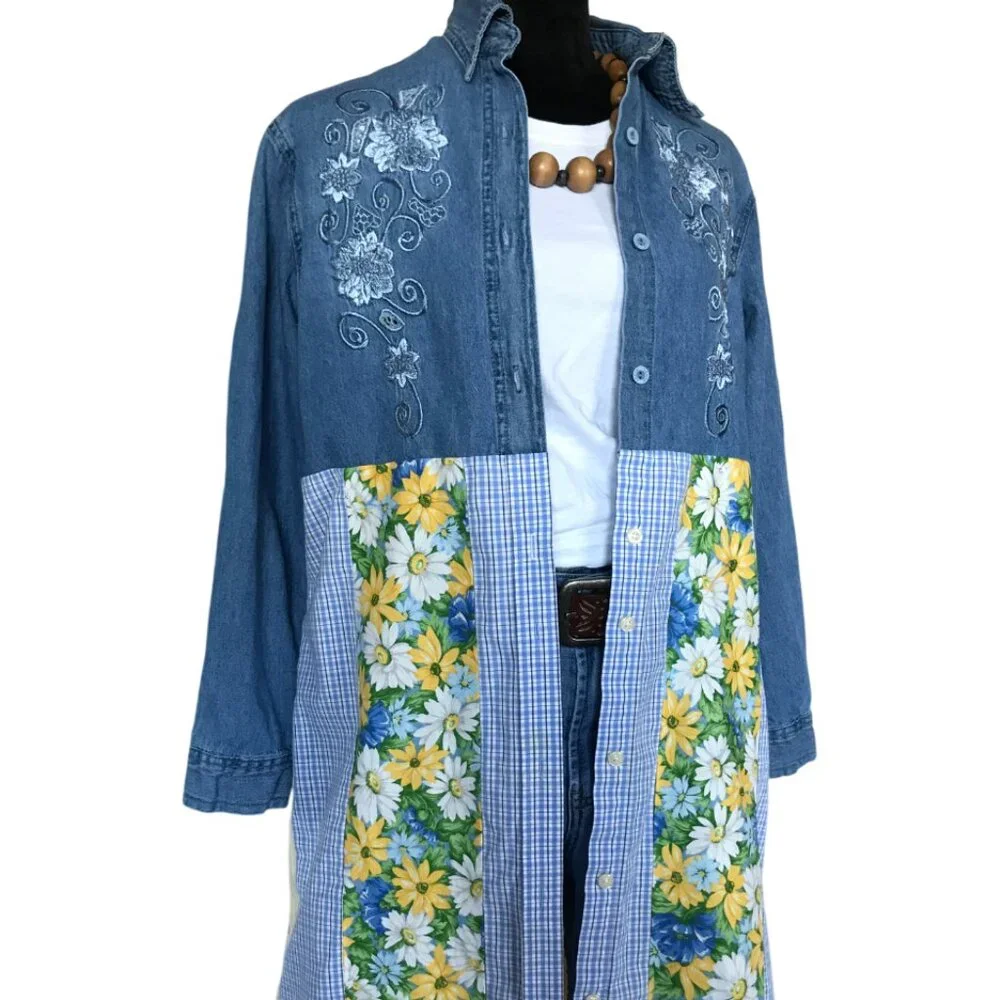 Patchwork Denim Duster, Upcycled Boho Layering Jacket Spring Daisies Size Large - Picture 4 of 14
